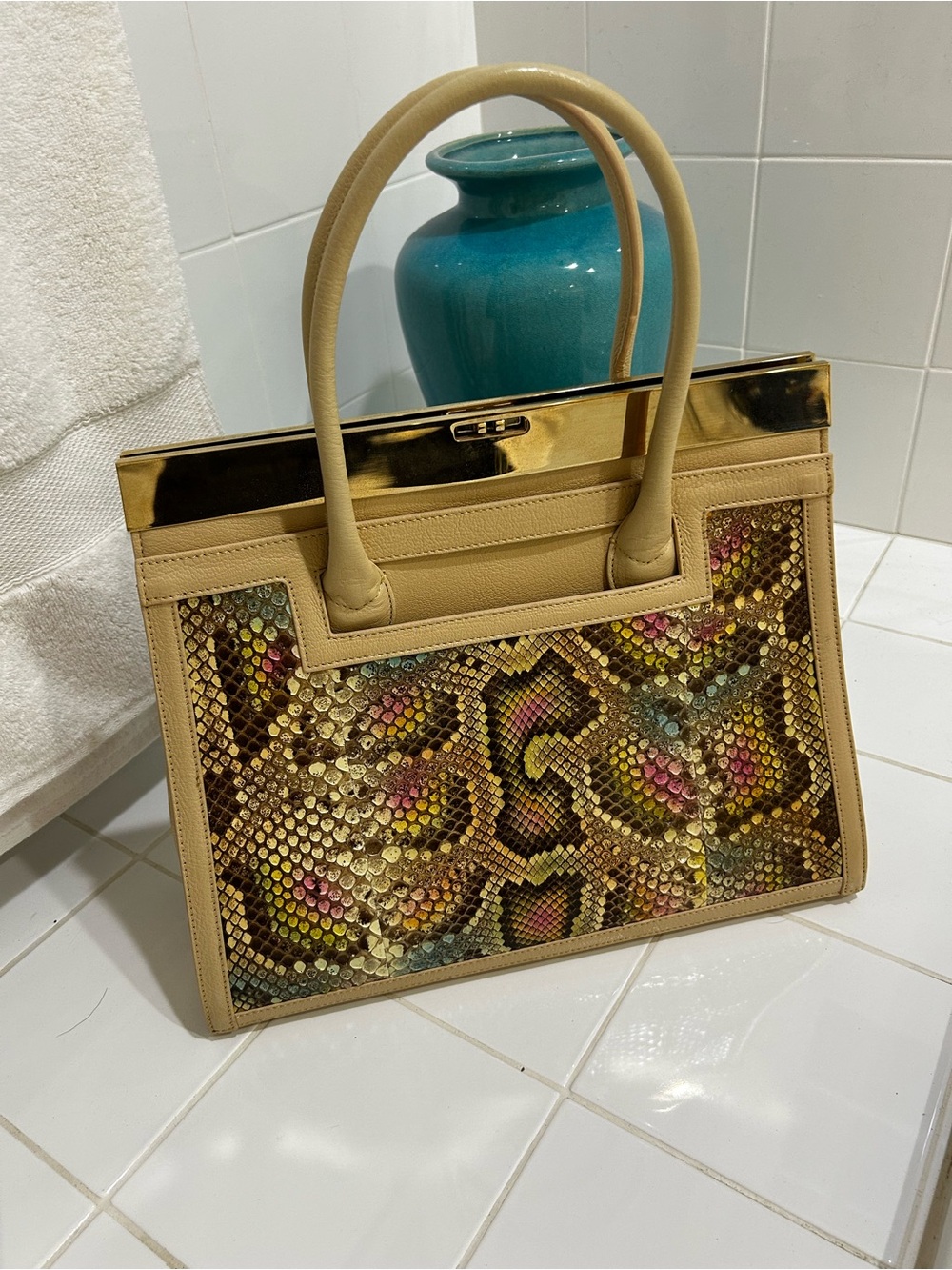 Beige Tote Satchel with Metallic Python-Print Panel